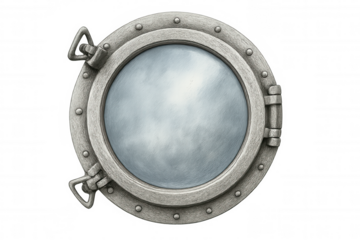 Metallic nautical porthole with riveted frame, reflecting overcast sky, mounted on transparent surface