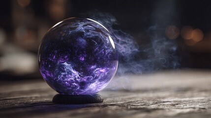 Glowing crystal ball with purple mist on dark wooden table. Magical atmosphere