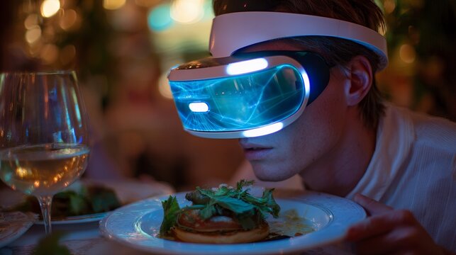 Fusion of Technology & Food, A glowing VR headset that lets people taste digital food in a virtual restaurant