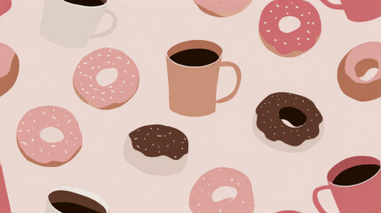 Obraz premium Minimalist seamless pattern featuring coffee cups and donuts in soft pastel colors for creative designs