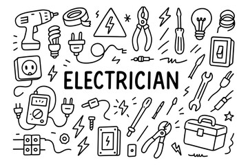 Electrician tools doodle set: outlines of equipment and symbols in black and white