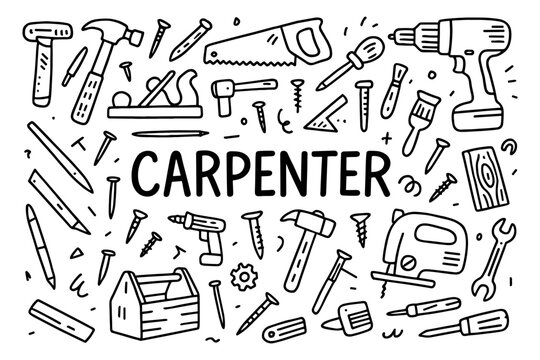 Hand drawn carpenter tools set with text in doodle design