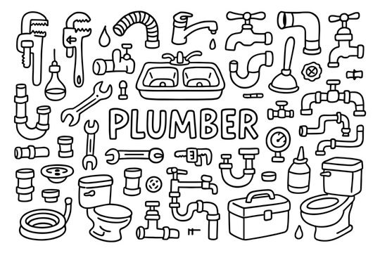 Hand drawn plumbing tools and fixtures collection for diy projects