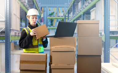 Woman in safety vest and helmet working in warehouse with laptop and cardboard boxes, checking inventory, logistics, shipping, supply chain, storage, distribution.