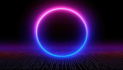 Abstract neon background with a glowing blue and purple circular frame on a dark grid texture, featuring glowing line art.