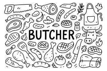 Hand drawn butcher shop elements with meat cuts and tools