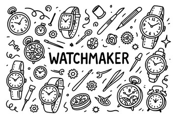 Hand drawn watchmaker tools and watches in doodle style for horology enthusiasts