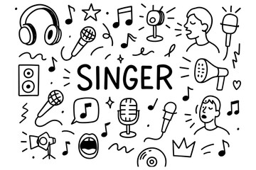 Naklejka premium Musical icons and singing doodles in black and white hand drawn style