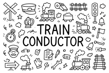 Train conductor doodle set with locomotive, tracks, and railway symbols