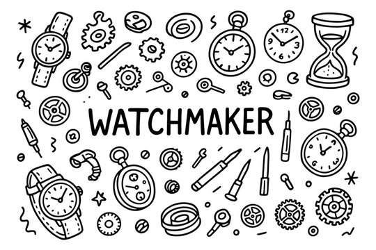 Hand drawn watchmaker tools and clock parts doodle concept