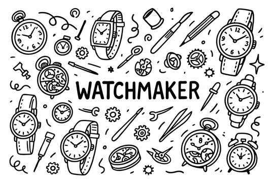 Hand drawn watchmaker tools and watches in doodle style for horology enthusiasts
