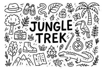 Adventure doodle: jungle trek elements with camping symbols and wildlife icons