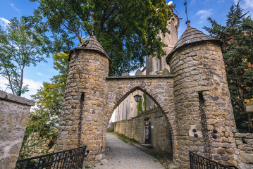 Entry gate of Lesna Skala Castle on Szczytnik mountain near Szczytna town in the region of Lower Silesia, Poland
