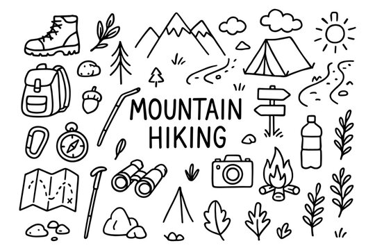 Outdoor adventure doodles featuring hiking and camping essentials in black and white