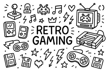 Retro gaming doodle with classic consoles and icons