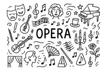 Obraz premium Opera icons doodle with musical instruments and theater elements in linear style