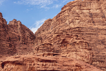 Fototapeta premium Rocks above Lawrence Haouse in Wadi Rum also known as Valley of light or Valley of sand in Jordan