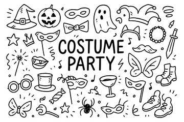 Fun costume party doodles in black and white with halloween elements