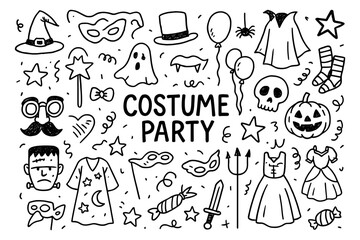 Obraz premium Playful halloween costume party doodles with masks, ghosts, and pumpkins