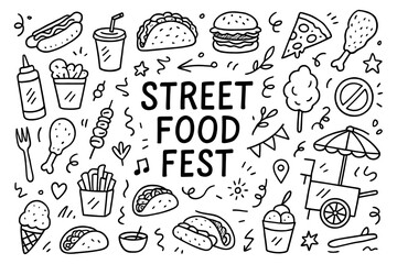 Street food fest doodle: tacos, burgers, pizza, and snacks extravaganza