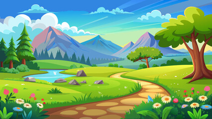 Obraz premium very beautiful Cartoon meadow landscape. Summer green fields view, spring lawn hill and blue sky, green grass fields landscape vector background illustration. Field grass, meadow landscape spring or