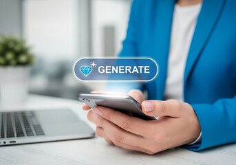 A businesswoman in a blue blazer uses a smartphone to generate ideas, symbolizing innovation and digital transformation.