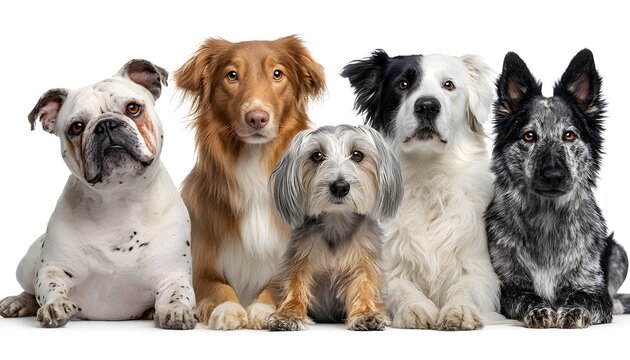 A diverse group of five different dog breeds sitting together in a row looking directly at the camera.