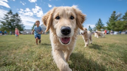 Joyful Golden Retriever puppy with a curious expression walking towards the camera close-up view.