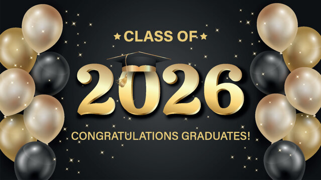 Vector illustration. Class of 2026 badge design template in black and gold colors. Congratulations graduates 2026 banner sticker card with academic hat for high school or college graduation