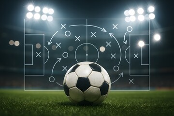 A detailed illustration depicting a football field with a tactical plan superimposed on it.