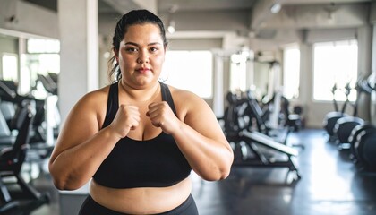 Fototapeta premium Plus size woman intense workout portrait in modern gym, inclusive fitness and wellness concept with wide negative space for commercial and editorial use