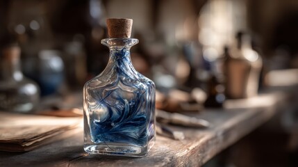 Glass potion bottle with swirling blue alchemical liquid