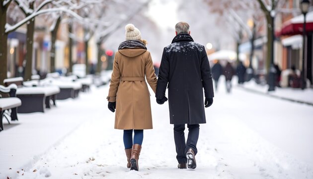 A winter's day stroll: A couple walks hand-in-hand down a snow-covered city street, enveloped in the peaceful ambiance of a winter wonderland.