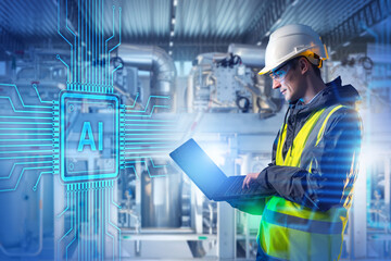 Engineer in safety vest and helmet uses laptop in industrial plant with AI digital interface, concept of artificial intelligence, smart industry, automation. Artificial Intelligence, Industry, 