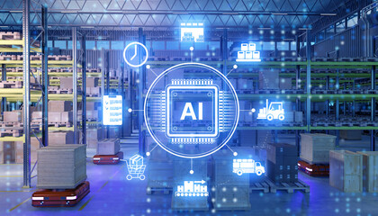 Smart warehouse with autonomous robots and AI logistics icons managing cargo, concept of automation, supply chain, artificial intelligence. Logistics, Artificial Intelligence, Automation.