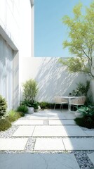 Whitewashed courtyard with patio furniture and greenery