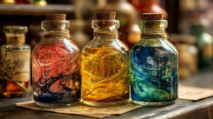 Three colorful glass potion bottles with swirling liquids. Alchemical creation on counter