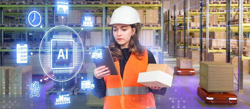 Female worker in helmet and vest uses tablet in warehouse with AI logistics icons, concept of automation, smart warehouse, supply chain. Logistics, Artificial Intelligence, Automation.