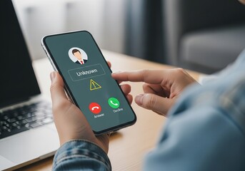 A person with a light skin tone receiving a phone call from an unknown number, contemplating whether to answer or decline.
