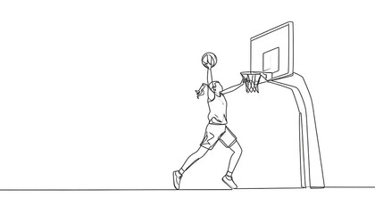 A single-line drawing depicts a female basketball player in mid-air, aiming for a basket.