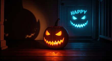 An illuminated carved pumpkin with a spooky face glows orange on a dark wooden floor, complemented by a blue neon-style smiling face and 'Happy' text on a door in the background.