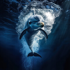 Naklejka premium Dolphin emerging from the deep blue ocean, water cascading down its body, cinematic lighting, dramatic realism, ultra-high resolution fine art wildlife photography 