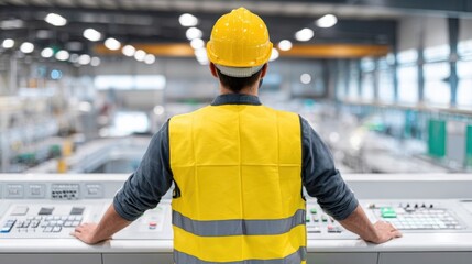 A factory worker wearing a yellow hard hat and vest stands at a control panel with many buttons and switches.