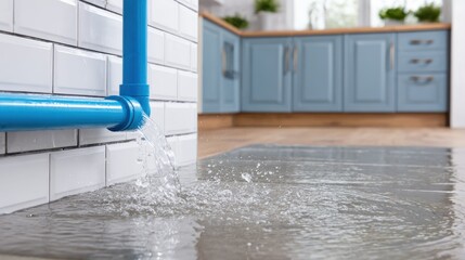 A broken blue pipe is leaking water onto a gray floor, causing a flood in a kitchen area with blue cabinets.