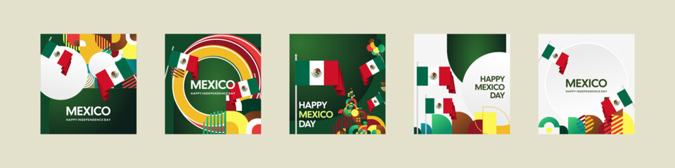 Mexico Independence Day template set. National day poster background with flag and modern geometric design. Social media covers, creative greeting cards, banner, and post