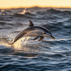 Fototapeta premium Dolphin gracefully flipping in mid-air above the ocean, dynamic movement, sparkling water droplets, golden hour lighting, breathtaking wildlife photography, ultra-realistic details 