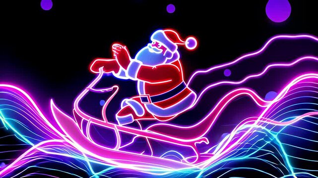 A neon sign of Santa riding a sled down a mountain. The image has a festive and joyful mood, as it is a representation of the holiday season
