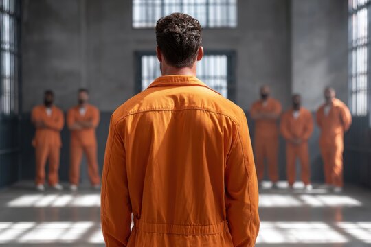 A man in an orange jumpsuit faces away from the camera, standing before a group of other inmates in an orange jumpsuits inside a prison.