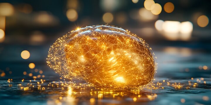 Luminous Golden Brain Neural Network Sphere Abstract Concept - Powered by Adobe