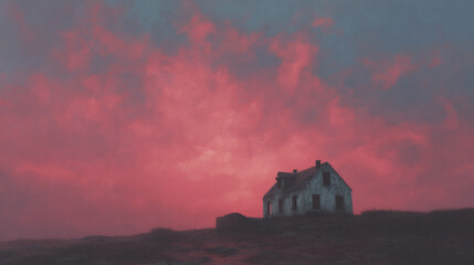 Abandoned house silhouette on hilltop against dramatic pink sunset sky with moody clouds. Dark haunting landscape. Gothic horror atmospheric scene for book cover or movie poster
